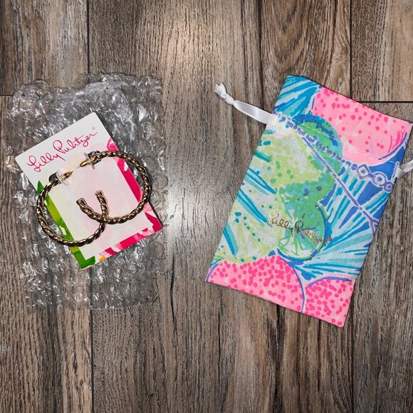 New Lilly Pulitzer Tropical Twist Gold Metallic Hoop Earrings - Picture 2 of 4